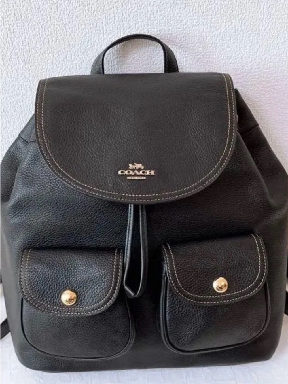 COACH Black Pebbled Leather Backpack with Gold Accents